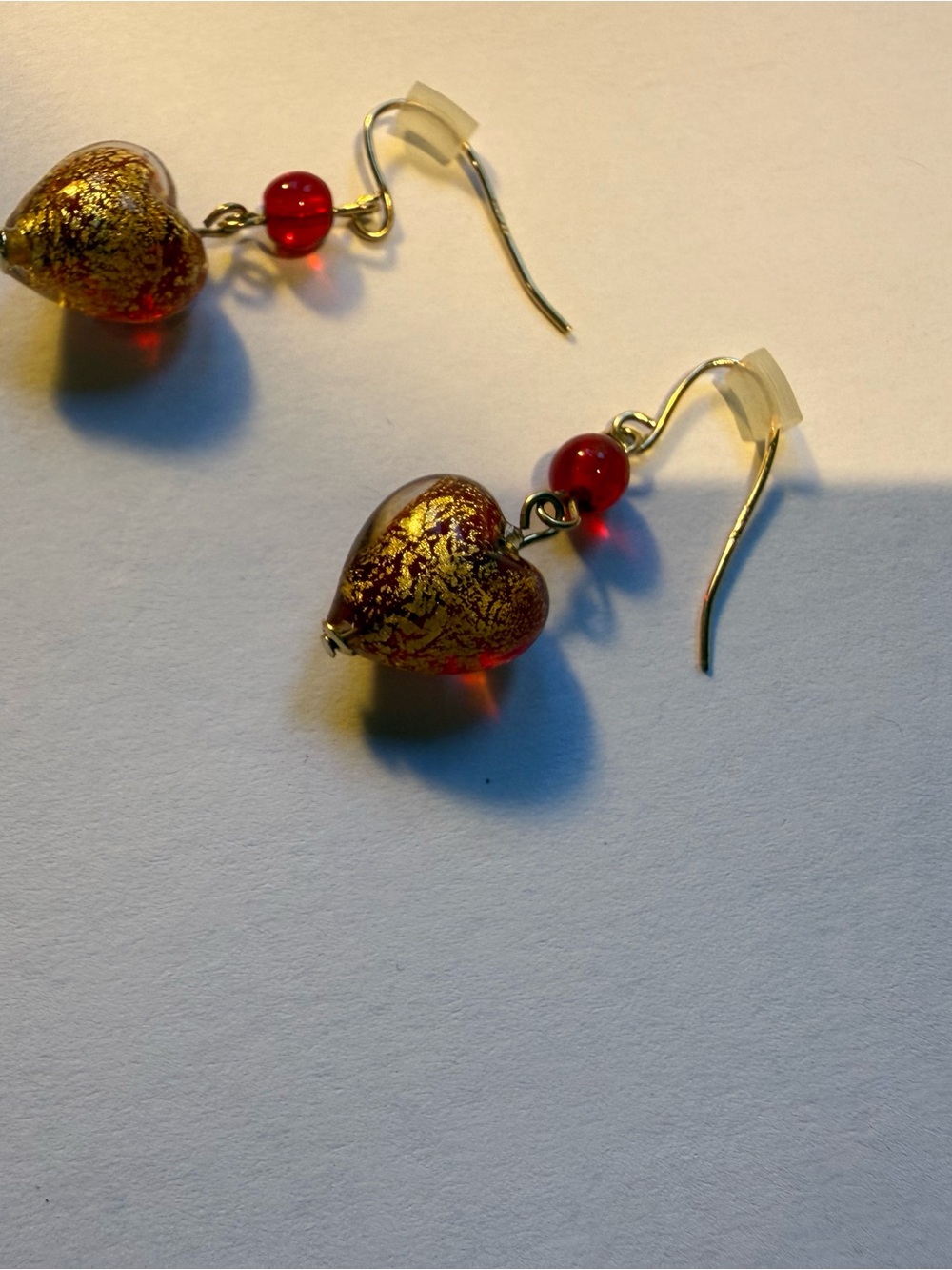 Gold-Fleck Red Heart Drop Earrings - Women's Fashion
